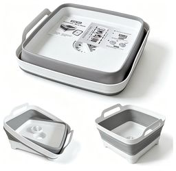 Collapsible Wash Basin with Drain Plug - 2.4 Gallon Foldable Kitchen Sink for Baby Bottles, RV Camping, Space-Saving Dish Tub (Gray)