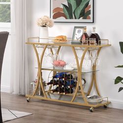 Bar Serving Cart with Glass Holder and Wine Rack, 3-Tier Kitchen Trolley with Tempered Glass Shelves and Chrome-Finished Metal Frame, Mobile