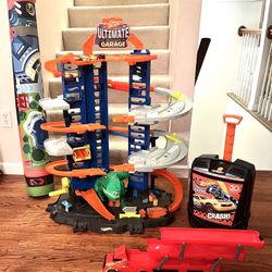 Lot Of Hot Wheels Toys. Ultimate Garage, Carrying Case For Up To 100 Vehicles, Large Play Mat, Transporter. ($95 For All)