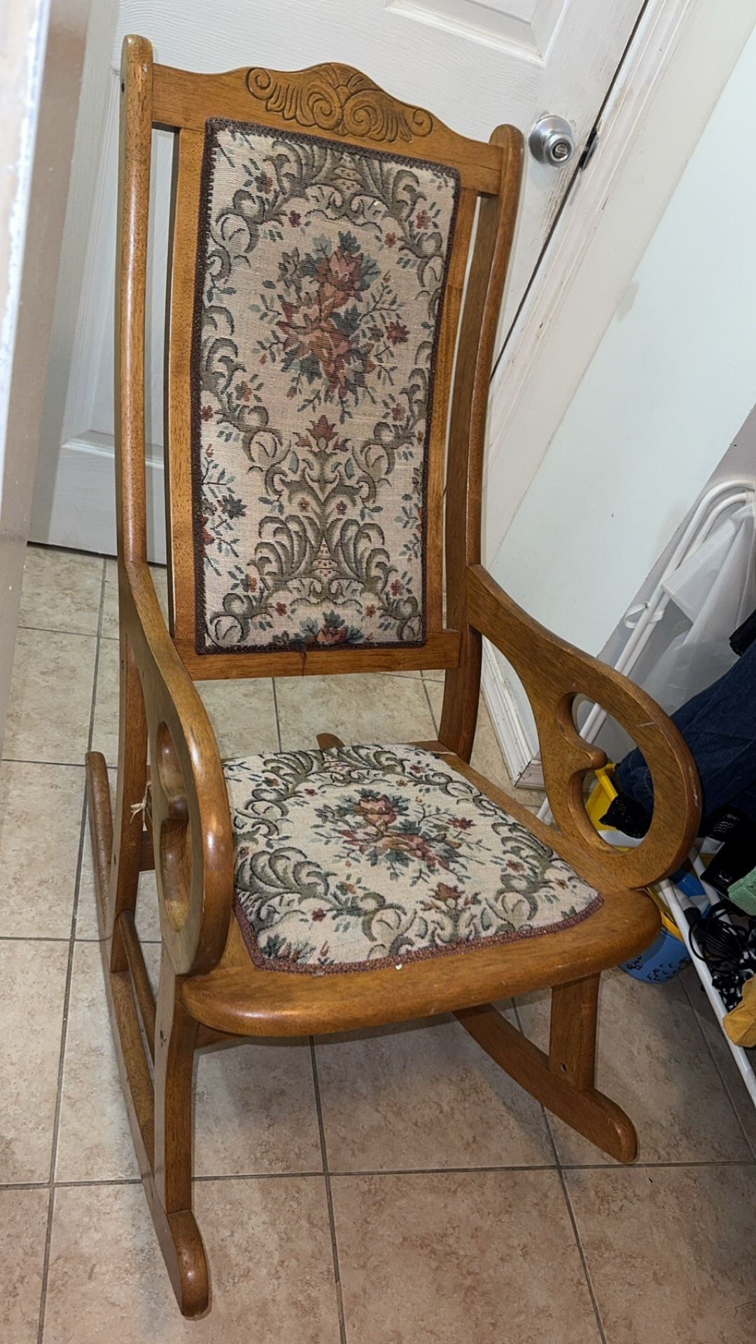 Vintage 1959 Victorian Needlepoint Upholstered Rocking Chair