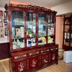 Solid Wood Chinese Dining Set w/ Mother-of-Pearl Inlay + Matching China Cabinet (Complete Set)