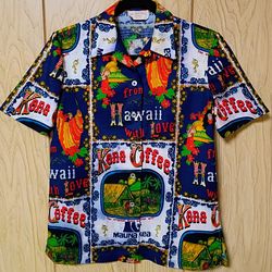 Vintage Kona Coffee Hawaii Marjorie  Custom Barkcloth Hawaiian Ladies Tiki Shirt Size S/M