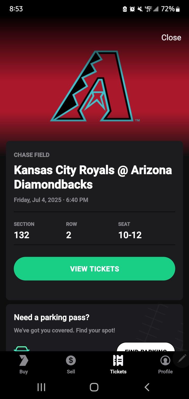 Diamond Back Tickets 3 Total. Post Game Fireworks 