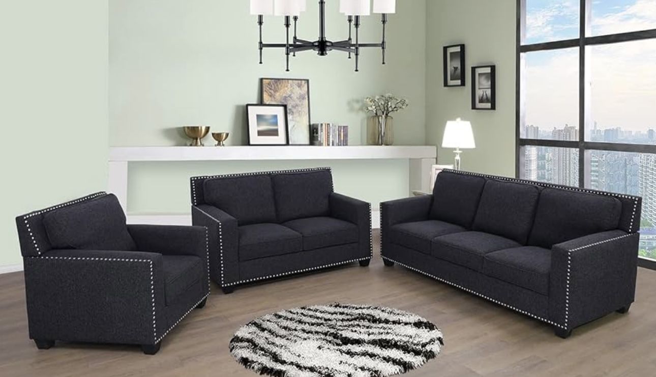 Charcoal Linen Three Piece Modern Style Couch Set 