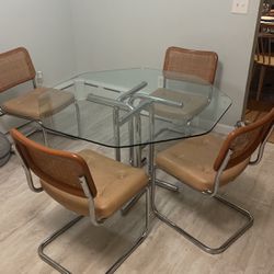 Vintage Glass And Metal Table With Cesca Rattan Chairs