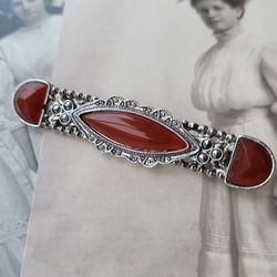 Vintage Art Deco Red Stone Marcasite Silver Tone Bar Brooch Pin