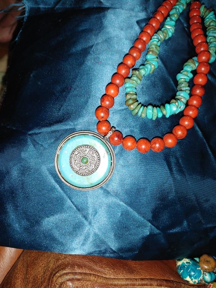 Turquoise(faux) & Coral (Faux) Double Strand Pendant