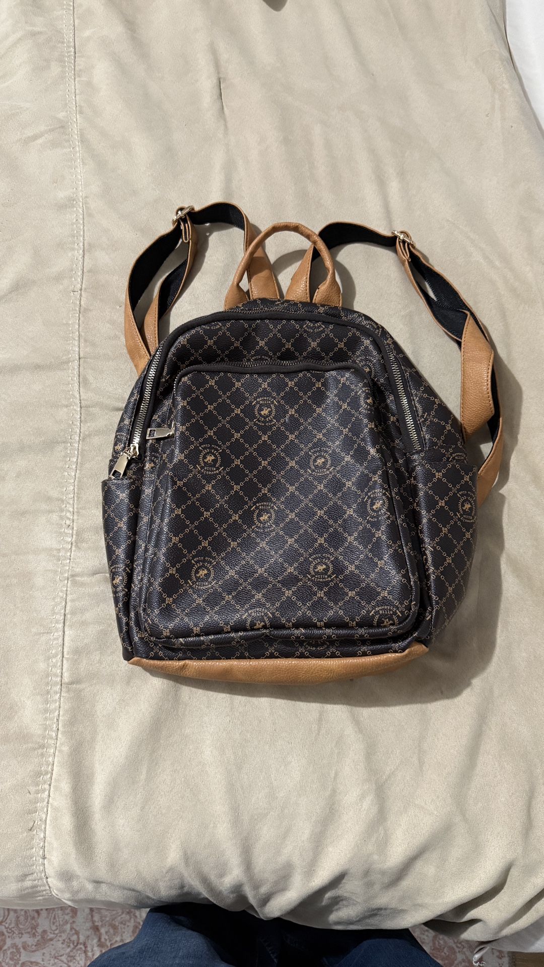 Beverly Hills Polo Club Backpack Faux Leather Brown Black — Clean Condition