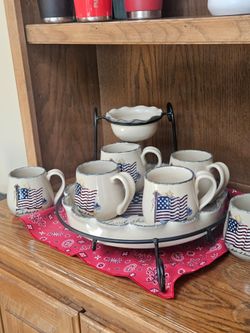 Vintage Home and Garden Party Appetizer/Pie Plate with dip cup and 5 coffee mugs Americana