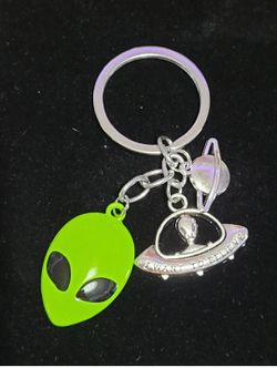 New Green Alien UFO Dangle Keychain: Acrylic Green Alien Head Key Ring. Add some spacey flair to your keychain collection with this new dangle keychai