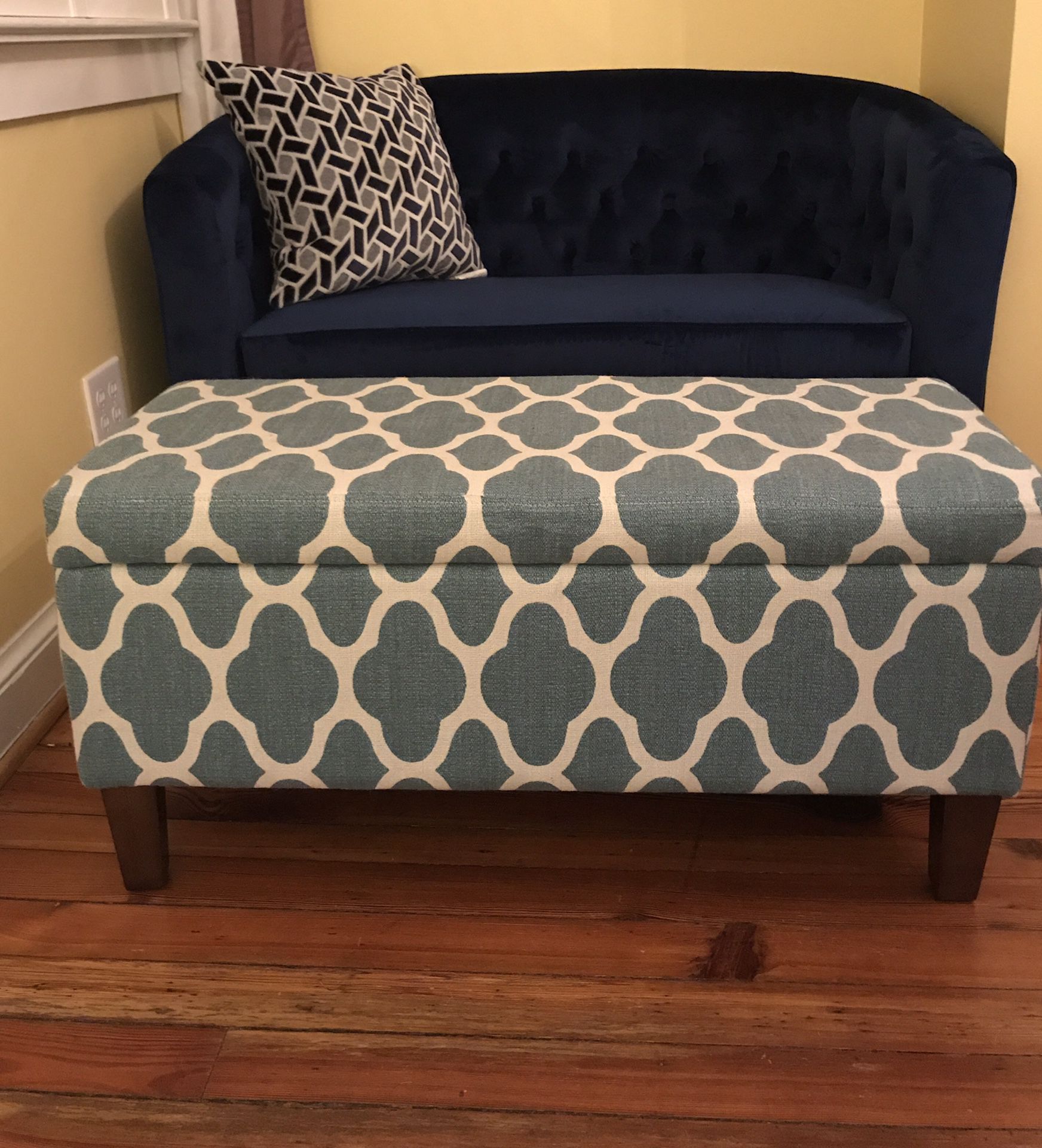 Teal and White Storage Ottoman: 18.0 inches (H) x 36.0 inches (W) x 16.0 inches (D)