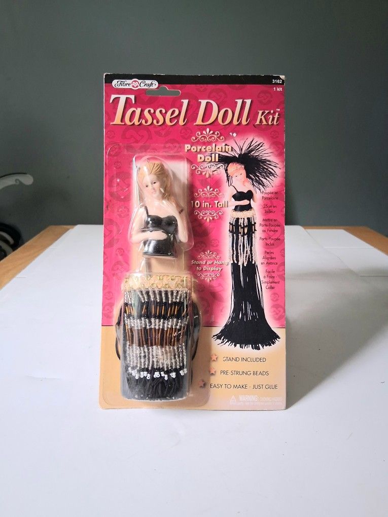 NIP Fabre Craft 2002 Tassel Doll Kit Beaded Dress Hangs Or Stands Y2K Porcelain