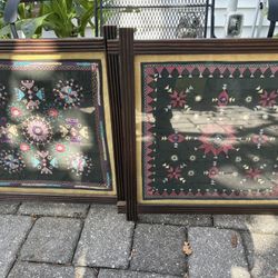 Pair Of Vintage India Chaakla Silk Embroidery Mirror
