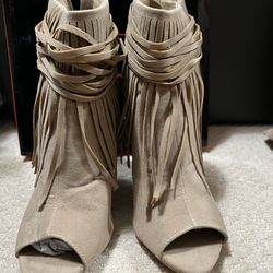 Adriana Beige Suede Fringe Open Toe Booties 