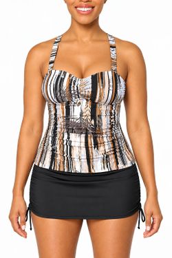 Denim & Co. Beach Sweetheart Tankini with Swim Skirt BlackStripePalm, Reg 16