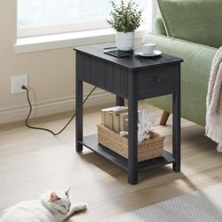  Side Table with Charging Station, End Table with USB Ports and Outlets, Nightstand with Storage, for Living Room, Bedroom, Modern Farmhouse Style, Bl