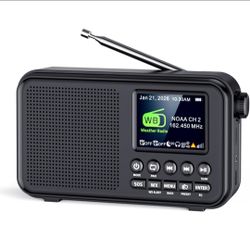 NOAA Weather Radio with Bluetooth, Portable FM Radio with 2.4" Color Display, Sleep Timer, MicroSD Playback, Headphone Jack, 8W Clear Sound, Type-C Re