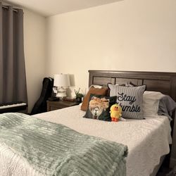 Full Size Bed Frame w/ Wooden Headboard + Box Spring + Matching Nightstand – $100 OBO”