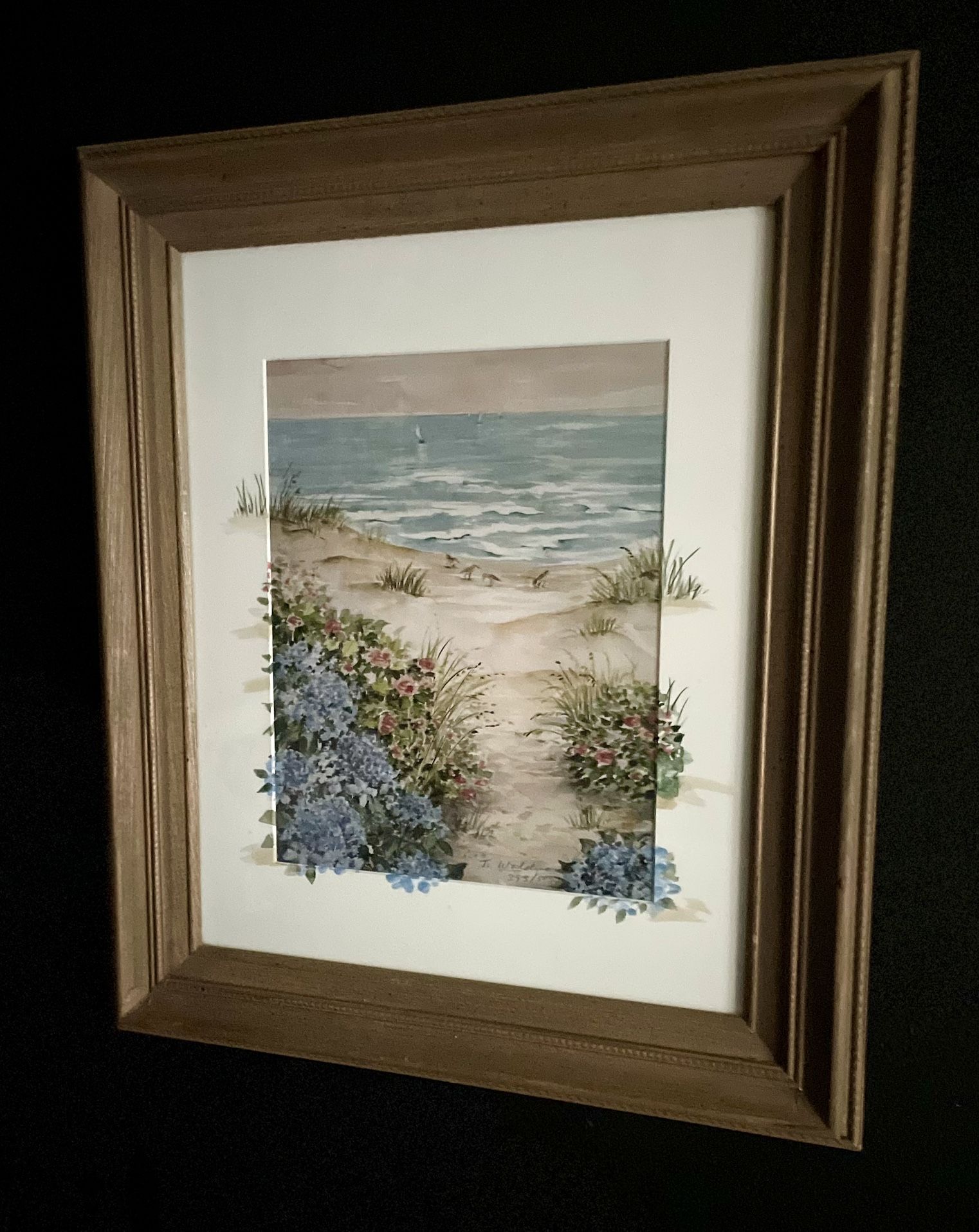 Joy Waldman “Sandpipers” Beach scene, watercolor print in gold frame