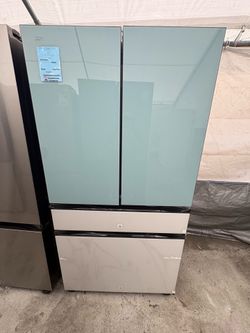 Samsung Bespoke Refrigerator With Beverage Center In Morning Blue And White Glass