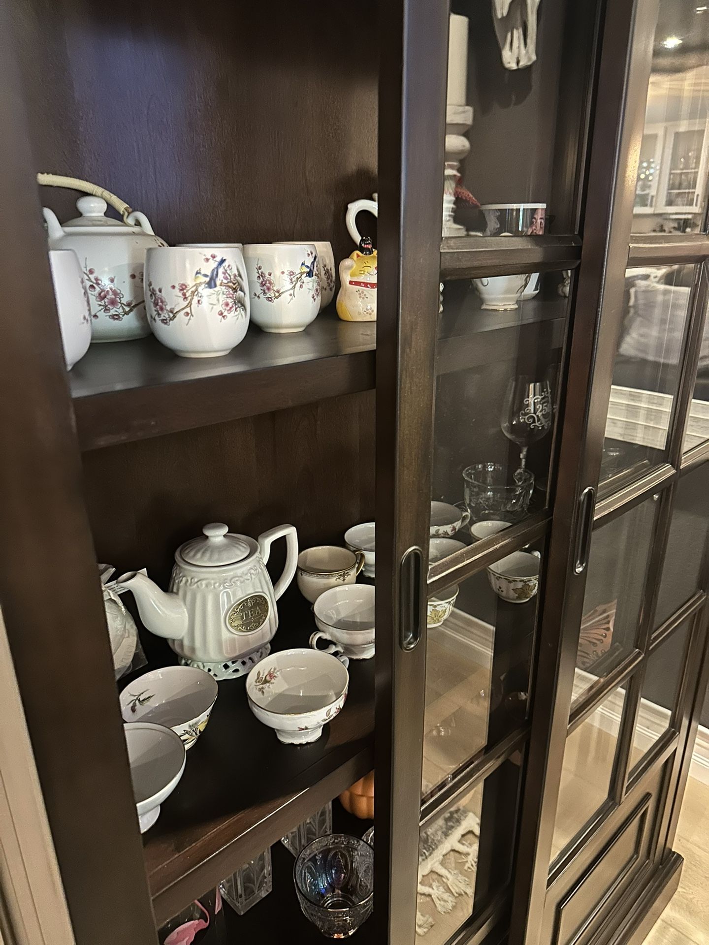 Solid Wood Storage Cabinet With Sliding Glass Wood Doors.