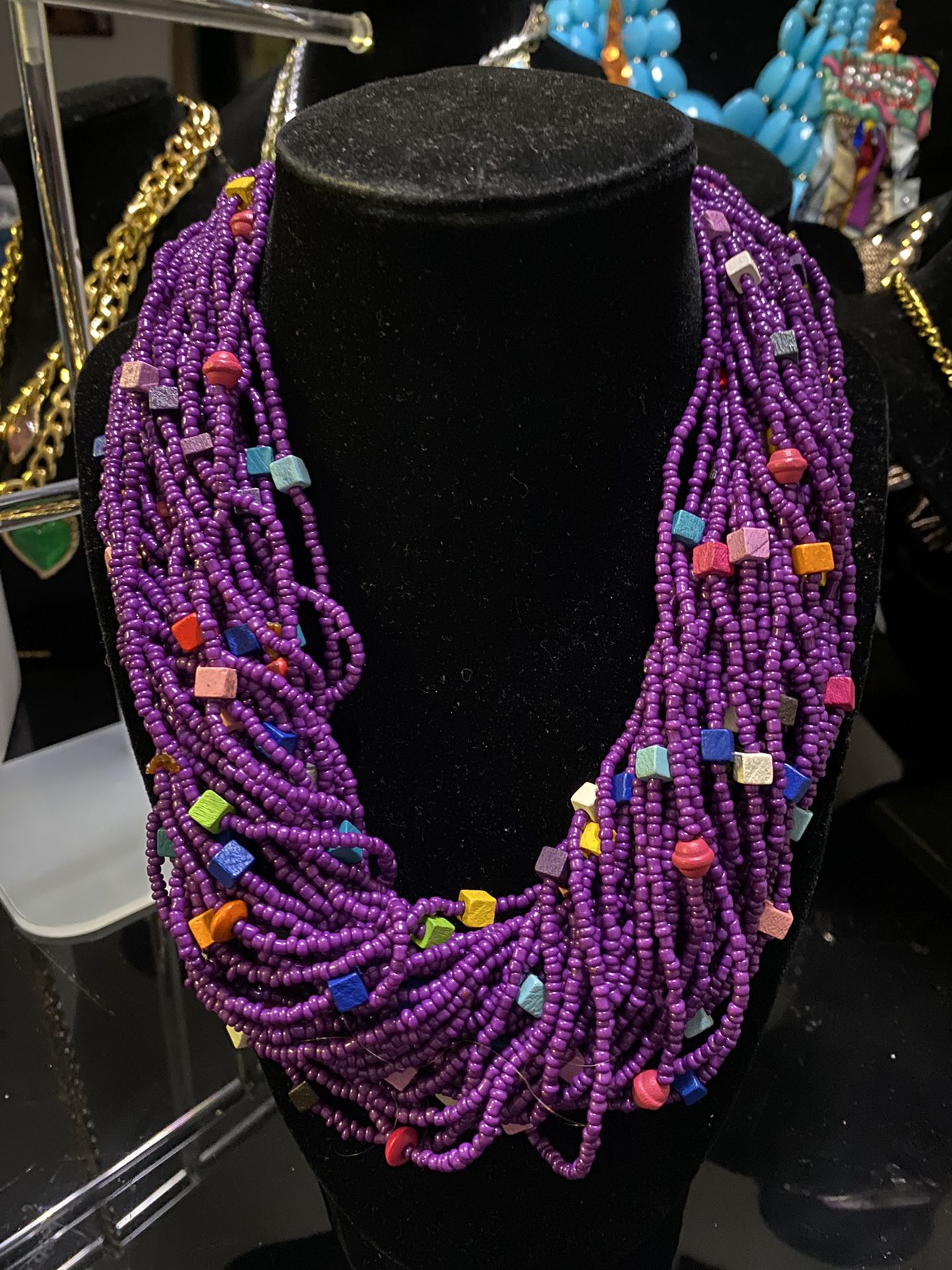 Purple Twisted Sand Beads Necklace with Multicolor Wooden Square Beads