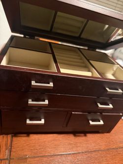 Dark Wood Jewelry Box with Mirror and Drawers