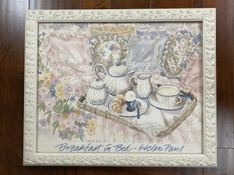 Helen Paul Breakfast in Bed Tea Set 22.5" x 18.5" Print Wood White Rose Frame