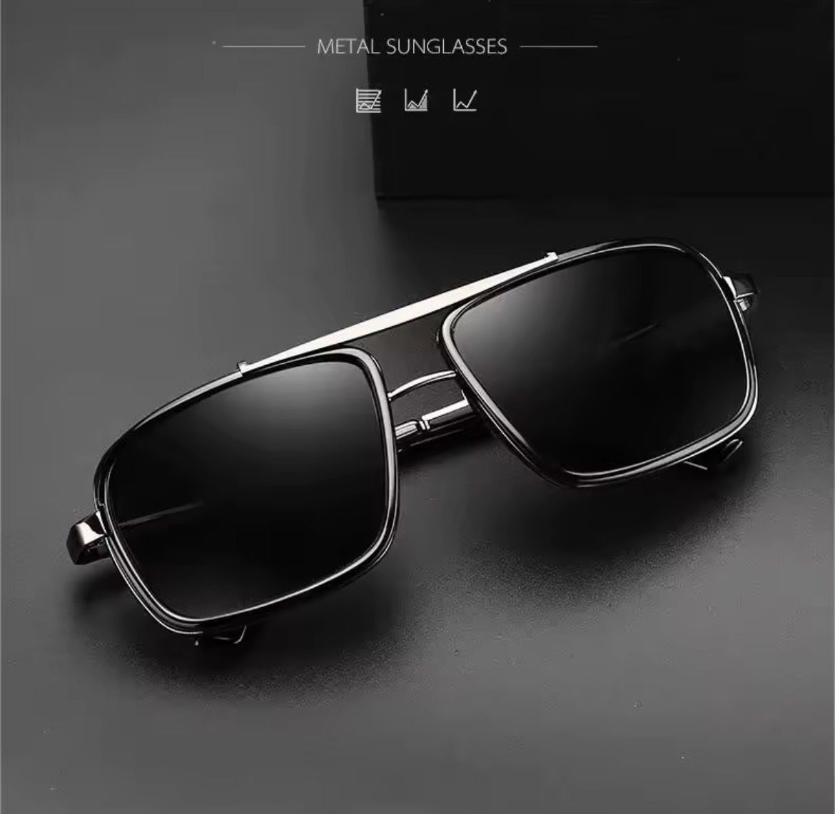 Vintage Square Sunglasses Unisex Silver Frame Black Lenses