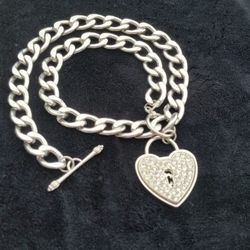 Stainless Steel Cuban Link Choker Chain  Necklace With Heart Pendant  Silver Tone 