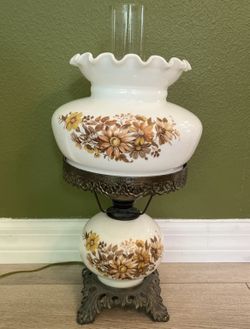 Vtg L&L WMC 1973 3 way Electric hurricane parlor lamp floral glass shade chiffon 