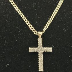 14k Yellow Gold Diamond Cuban Chain And Diamond Cross 