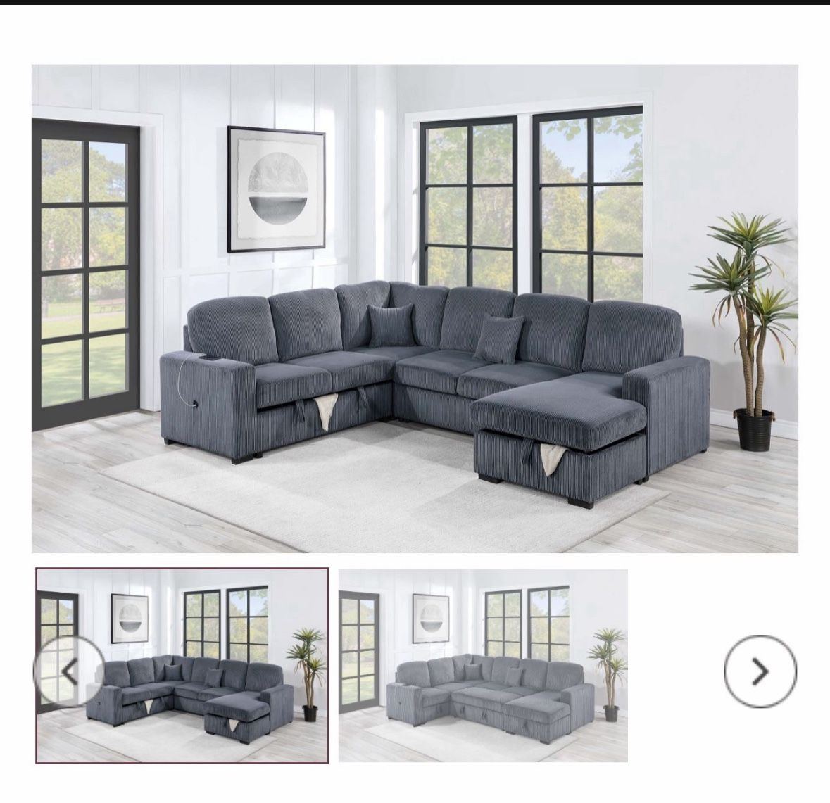 $649-4Piece Convertible Sectional Sleeper Sofa ,Chaise Storage ,Sofa Storage & USB Ports 98” x 103” x 61” x36”H