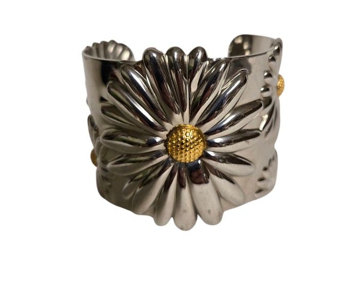 Floral sunflower stainless steel cuff bracelet