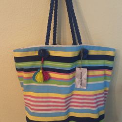Tommy Bahama Top Handle Tote Beach Resort Bag Colorful Stripes 100%Cotton New With Tag