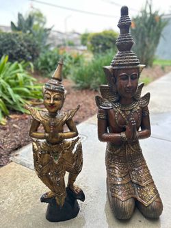 Pair of Ornate Gold & Brown Decorative Asian Statues