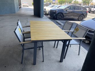Gun Metal & Natural Teak Outdoor Dining Table w/ Butterfly Leaf and 4 Chairs