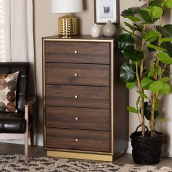 Mid Century Modern Style Chest in Walnut Brown and Gold