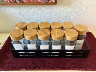 Set of 11 Glass Spice Jars w/Bamboo Lids & Black Metal Storage Rack / Drawer Organizer