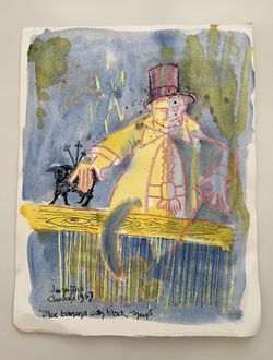 Original 1987 Mixed Media Watercolor Art "Blue banana with black sheep" -Signed by Cleveland Artist