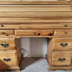 Wood Pine Roll top desk w/ chair