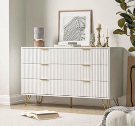 White 6-Drawer Dresser with Gold Hairpin Legs