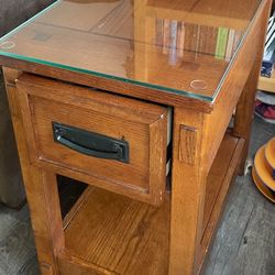 Wood End Table With Glass Top And Drawer