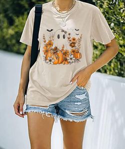 Halloween Shirt Women Fall Pumpkin Graphic Tees Hocus Pocus Tees Girls Trip Tops Halloween Witch Human Skeleton Tshirt