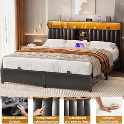 Queen Bed Frame with Charging Station & Led Lights Noise-Free Bed, Black