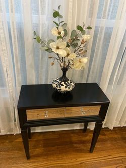 Black Console Table w/ Mirrored Drawers & Crystal Knobs – 2 Drawers