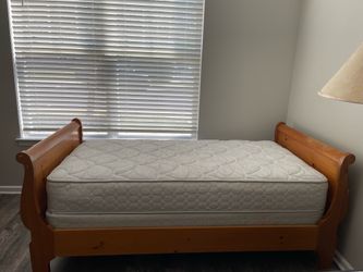 Solid Wood Twin Bedroom Set - Sleigh Bed (w/ Mattress), Bombe Dresser & Ornate Gold Mirror