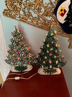 Set of 2 Vintage Double sided light up Ceramic Christmas Trees
