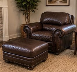 Genuine Leather Chair and Ottoman