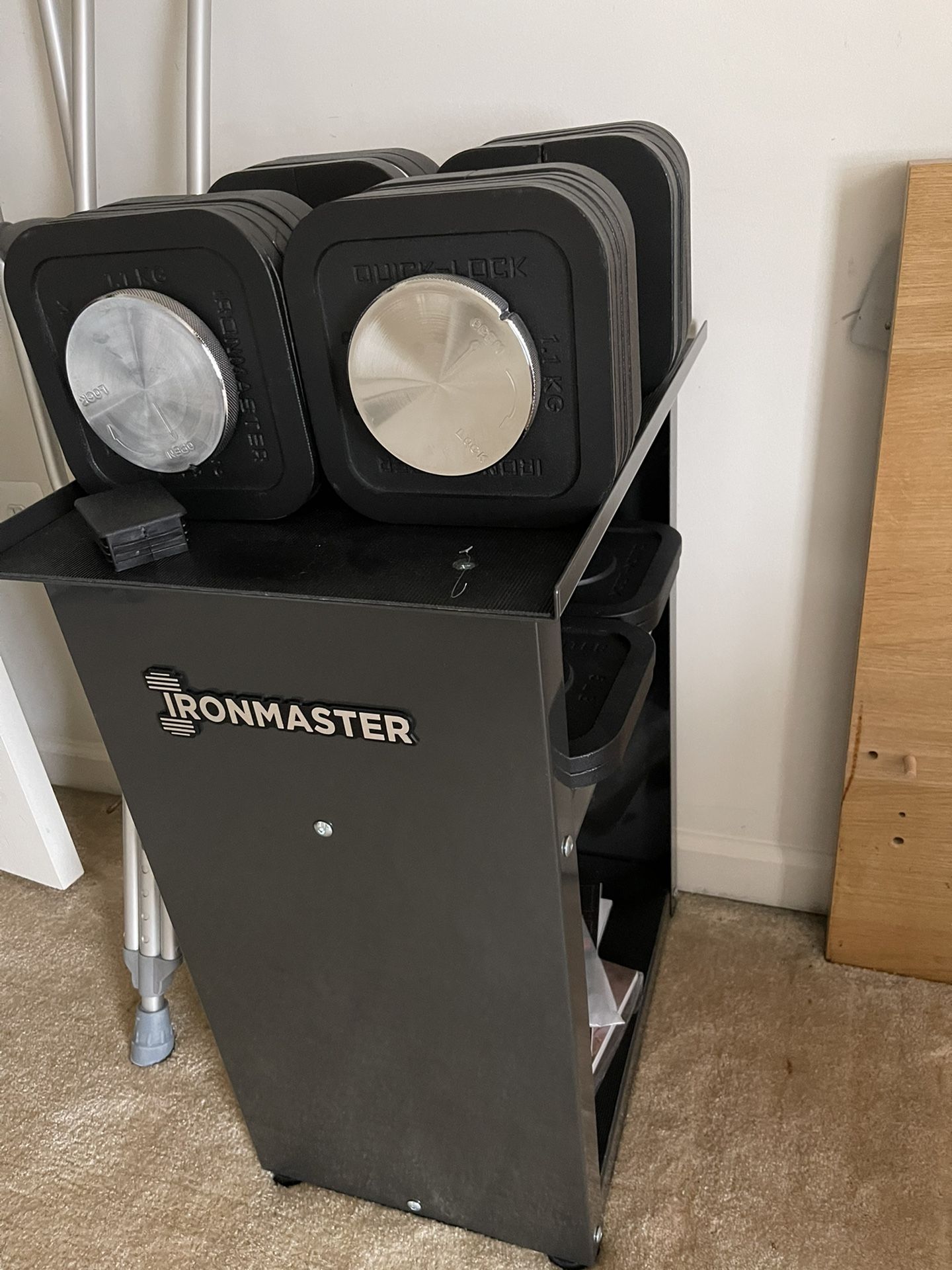 Ironmaster quick lock adjustable dumbbell set and heavy handle plate kit used like new